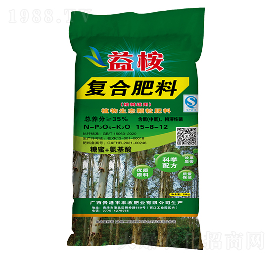 桉樹(shù)適用植物生態(tài)顆粒復(fù)合肥料15-8-12-益桉-豐收肥業(yè)